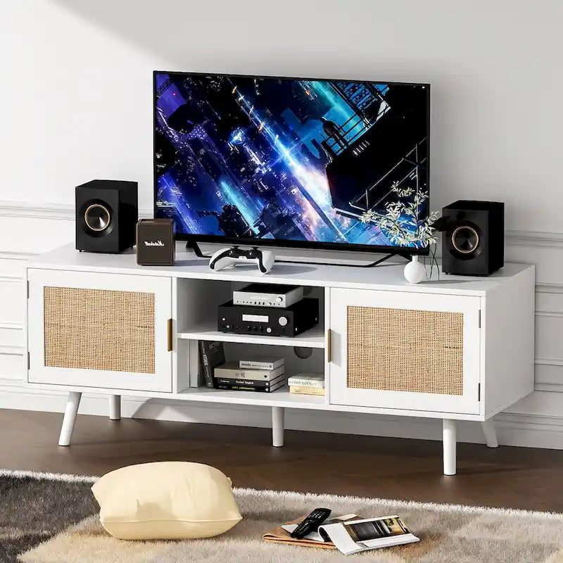 Mueble para TV de ratán blanco, apto para televisores de hasta 75"