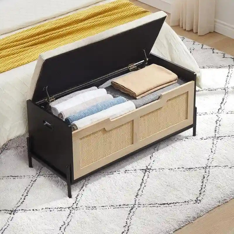 Banco de Almacenamiento Roble y Negro, Estilo Ratán, Asiento para 1 Persona
