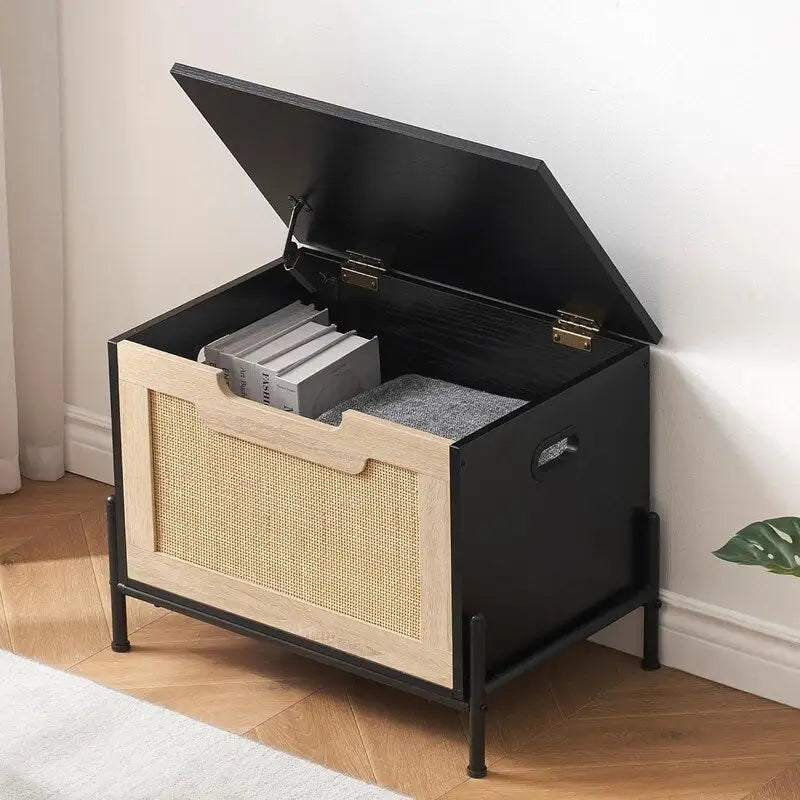 Banco de Almacenamiento Roble y Negro, Estilo Ratán, Asiento para 1 Persona