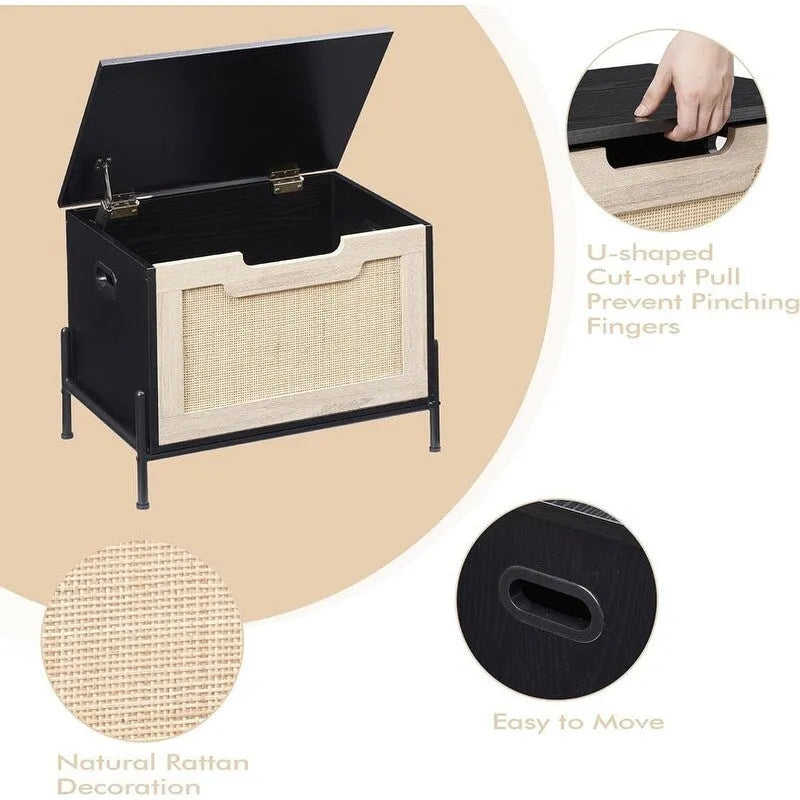 Banco de Almacenamiento Roble y Negro, Estilo Ratán, Asiento para 1 Persona