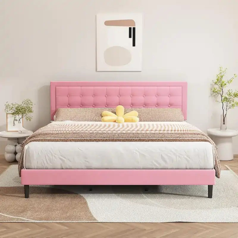 Estructura de cama tapizada con capitoné de terciopelo | Negro/Beige/Blanco/Rosa | Individual/Matrimonial/Queen/King | 1-2 personas