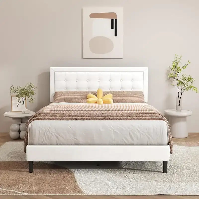 alazyhome Upholstered Platform Bed Frame with Button Tufting Headboard