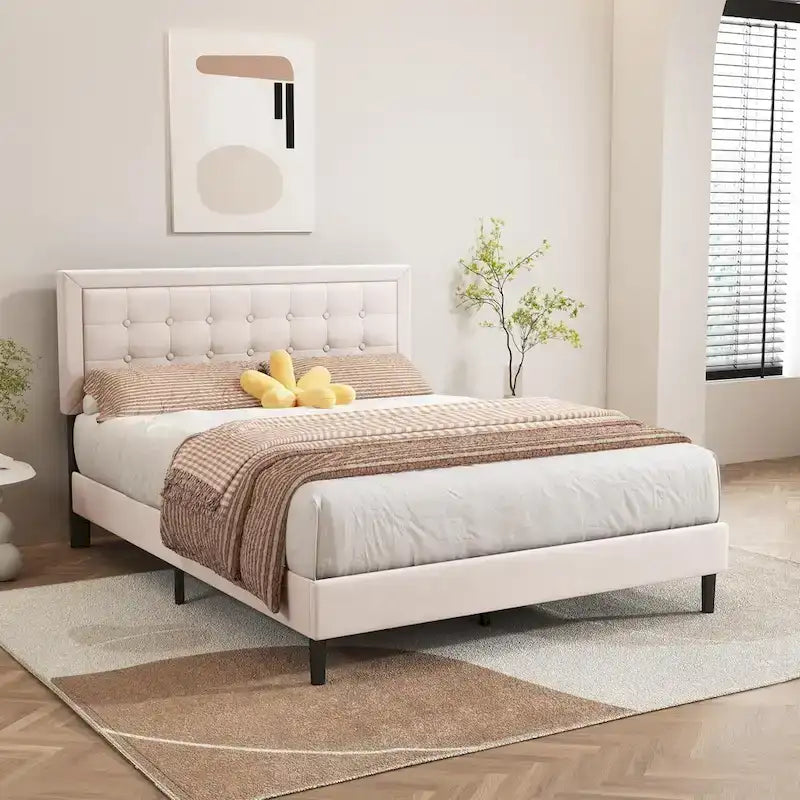 Estructura de cama tapizada con capitoné de terciopelo | Negro/Beige/Blanco/Rosa | Individual/Matrimonial/Queen/King | 1-2 personas