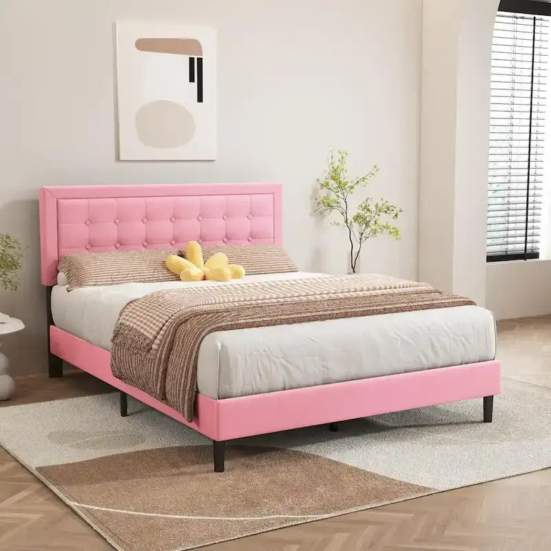 Estructura de cama tapizada con capitoné de terciopelo | Negro/Beige/Blanco/Rosa | Individual/Matrimonial/Queen/King | 1-2 personas
