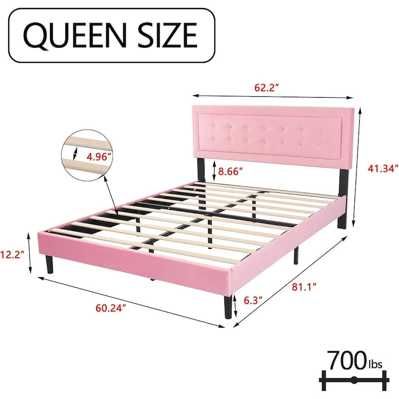 Estructura de cama tapizada con capitoné de terciopelo | Negro/Beige/Blanco/Rosa | Individual/Matrimonial/Queen/King | 1-2 personas